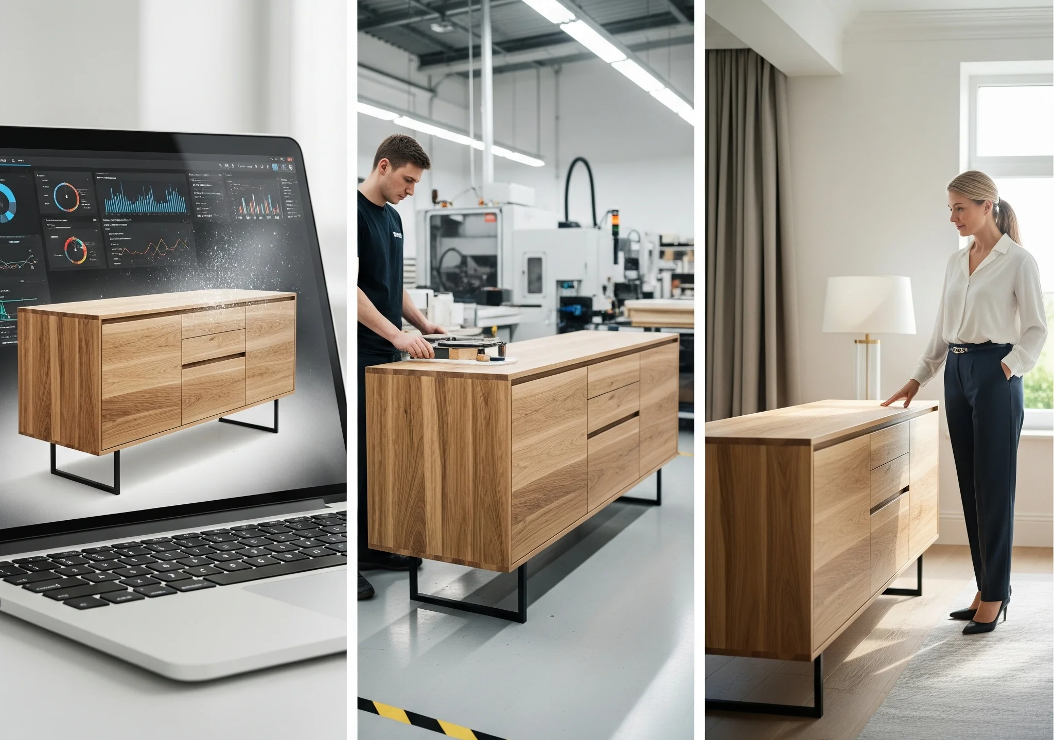 Professional woman in business attire examining wooden furniture in modern design studio with laptop displaying data analytics dashboard
