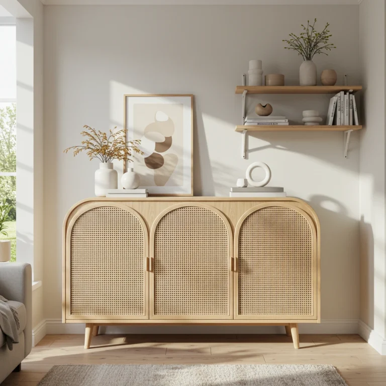 Arched rattan sideboard with three woven cane doors in light wood frame, styled with decorative vases and books on floating shelves above