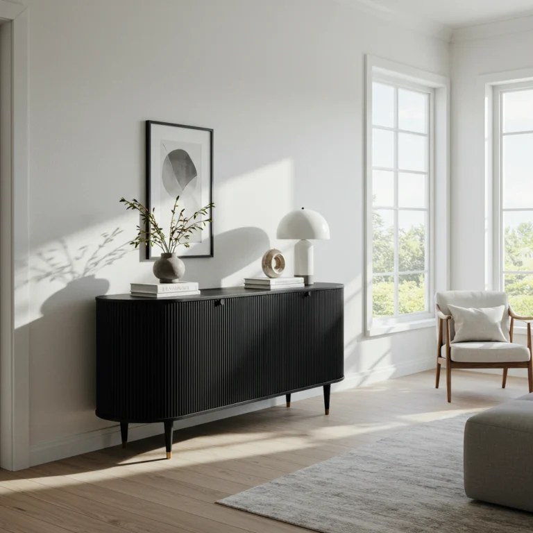 Black curved sideboard buffet with fluted cabinet doors and tapered legs