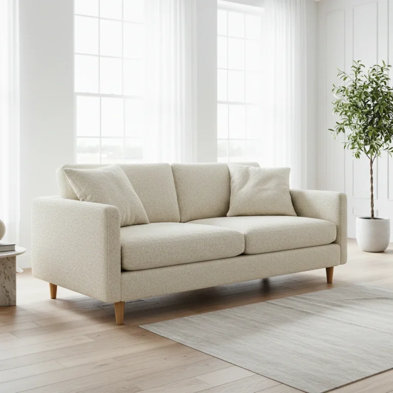 Modern boucle sofa in cream fabric with wooden legs in bright contemporary living room