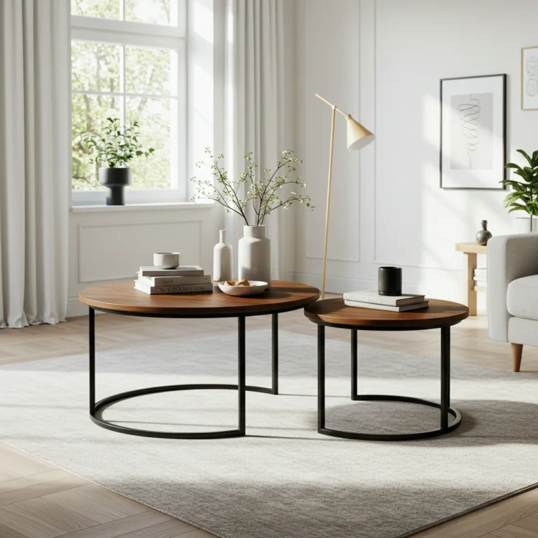 Brown wood round nesting coffee tables with black metal C-shaped bases, styled with books and ceramic accessories