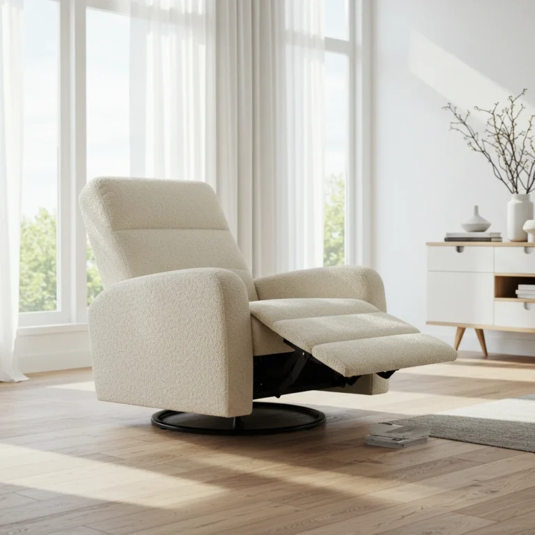 Cream boucle swivel recliner chair in reclined position with extended footrest