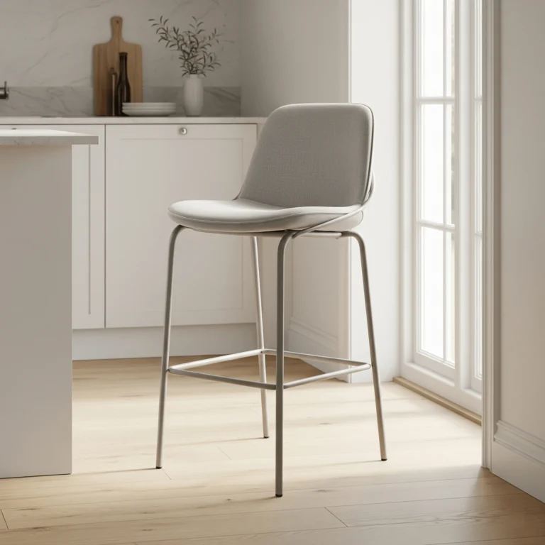 Light grey upholstered bar stool with brushed metal frame and footrest in bright Scandinavian kitchen