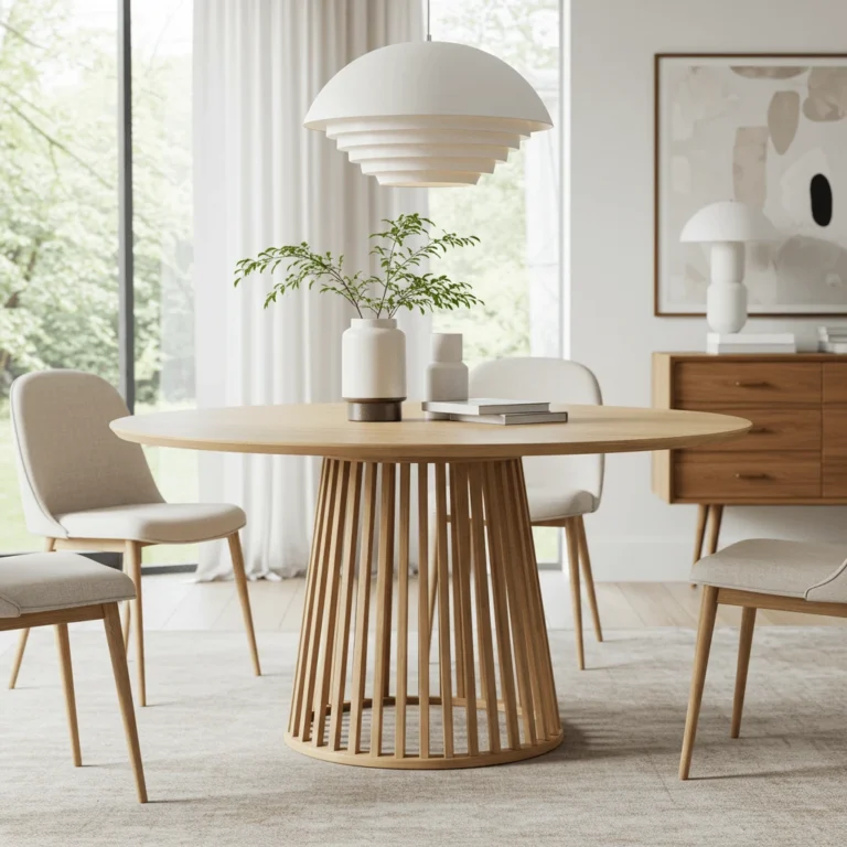 Round pedestal dining table with fluted base in light oak surrounded by upholstered dining chairs in modern Scandinavian-style dining room