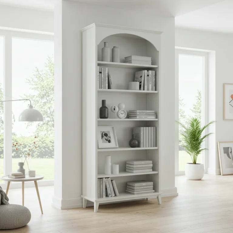 White arched bookcase with five shelves displaying books and decorative objects