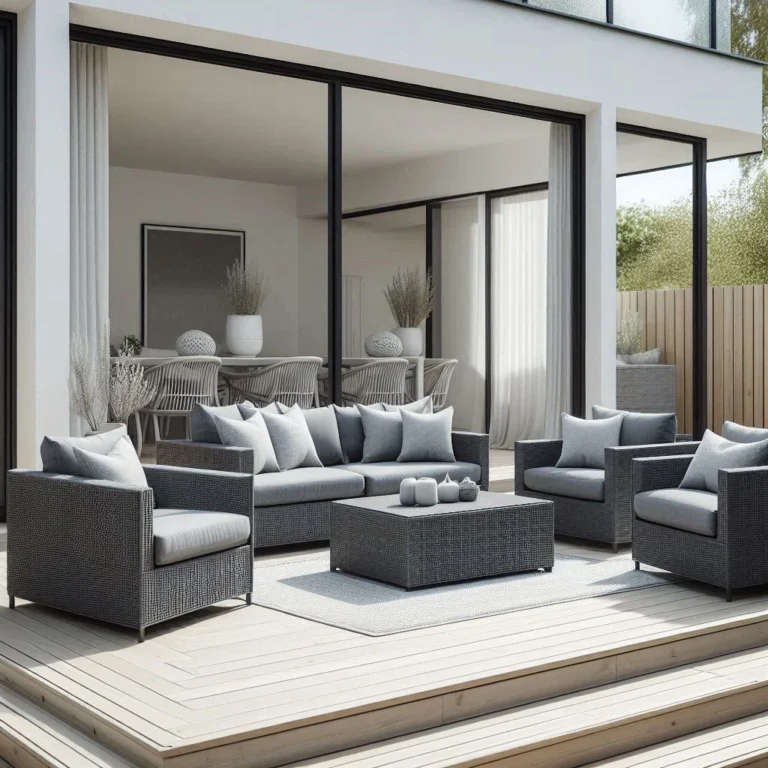 Grey 6-piece outdoor sofa set with woven rattan frames and light blue cushions